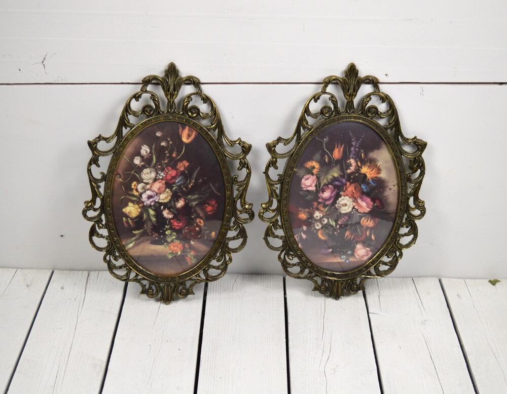 Vintage Italian Bronze Floral Pictures, Set of 2